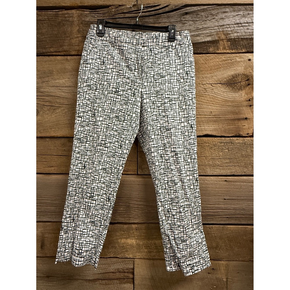 Black and White Geometric Print Slim Leg Trousers Cotton Blend RN 122837